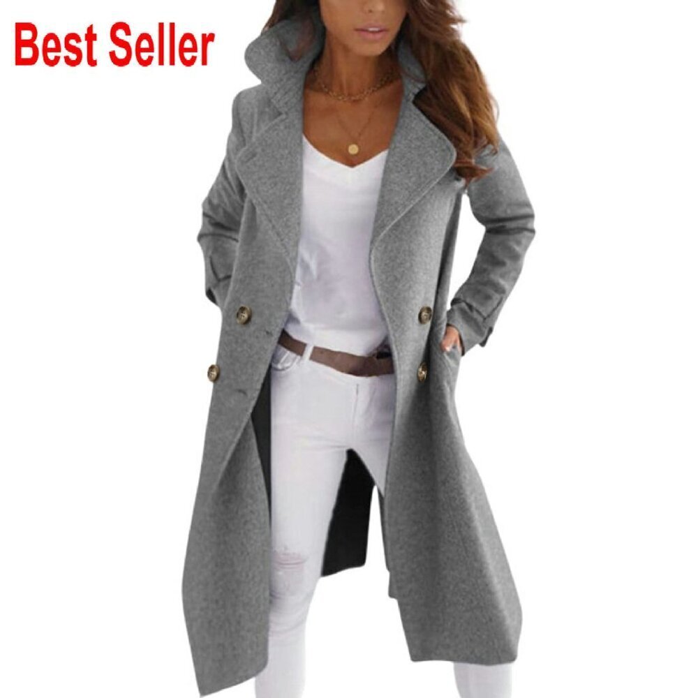 Elegant Double Breast Wool Blend Pea Coat Classic Chic Winter Long Jacket